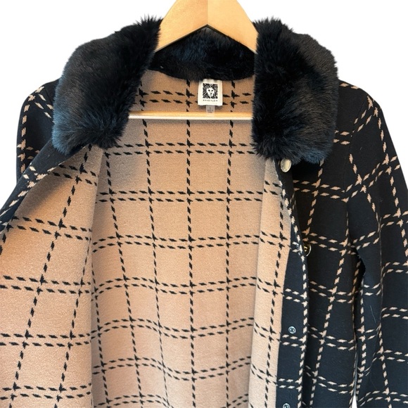 ANNE KLEIN Faux Fur Detachable Collar Plaid Knit Coat, Womens size Small - Picture 7 of 16